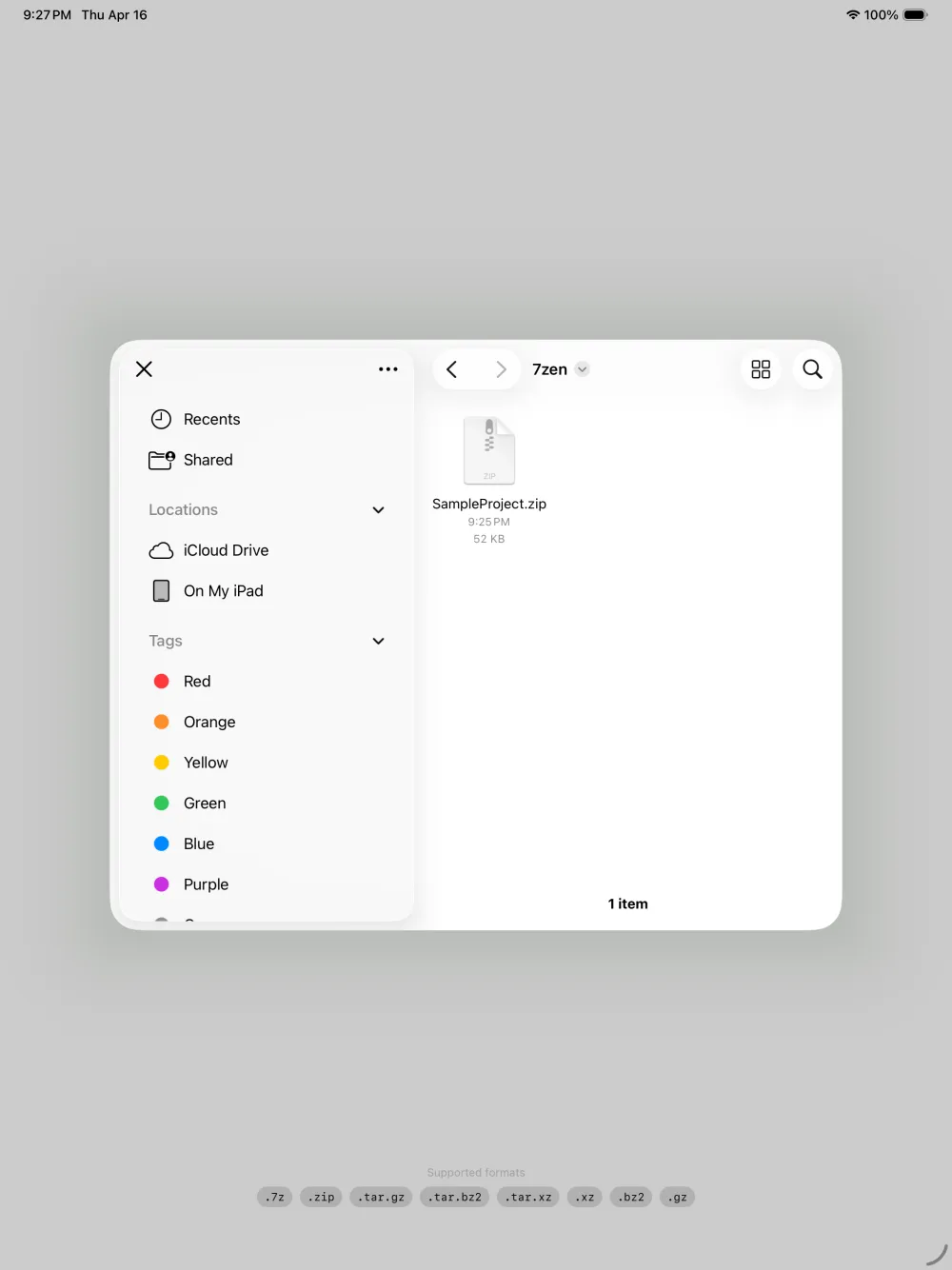 iPad file picker in 7zen showing a SampleProject.zip file ready to open