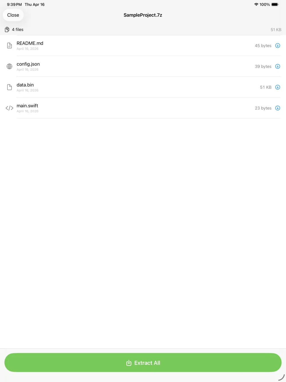 7zen on iPad showing the four files inside SampleProject.7z with an Extract All button