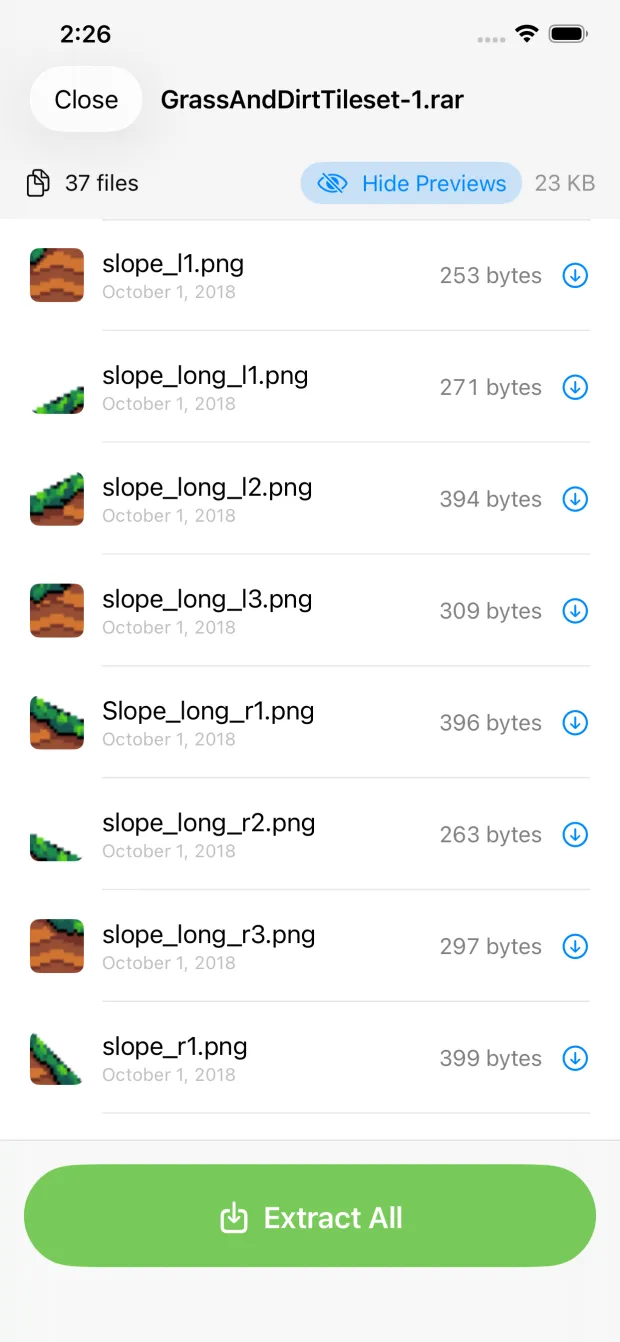 7zen on iPhone showing the contents of a .rar archive with thumbnails